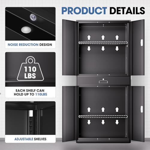 DNA MOTORING 71'' Metal Storage Cabinet, Locking Tool Cabinet with 1 Drawer and Adjustable Shelves, Lockable Heavy Duty Metal Locker for Garage,Office,Home,Gym, Gray, TOOLS-00629-GY-GY-A