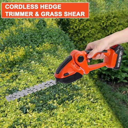 Cordless Hedge Trimmer & Grass Shears, 2 in 1 Electric Shrub Trimmer Handheld Grass Cutter, 21V Lightweight Hedge Clippers with Battery and Charger for Garden and Lawn (Orange)