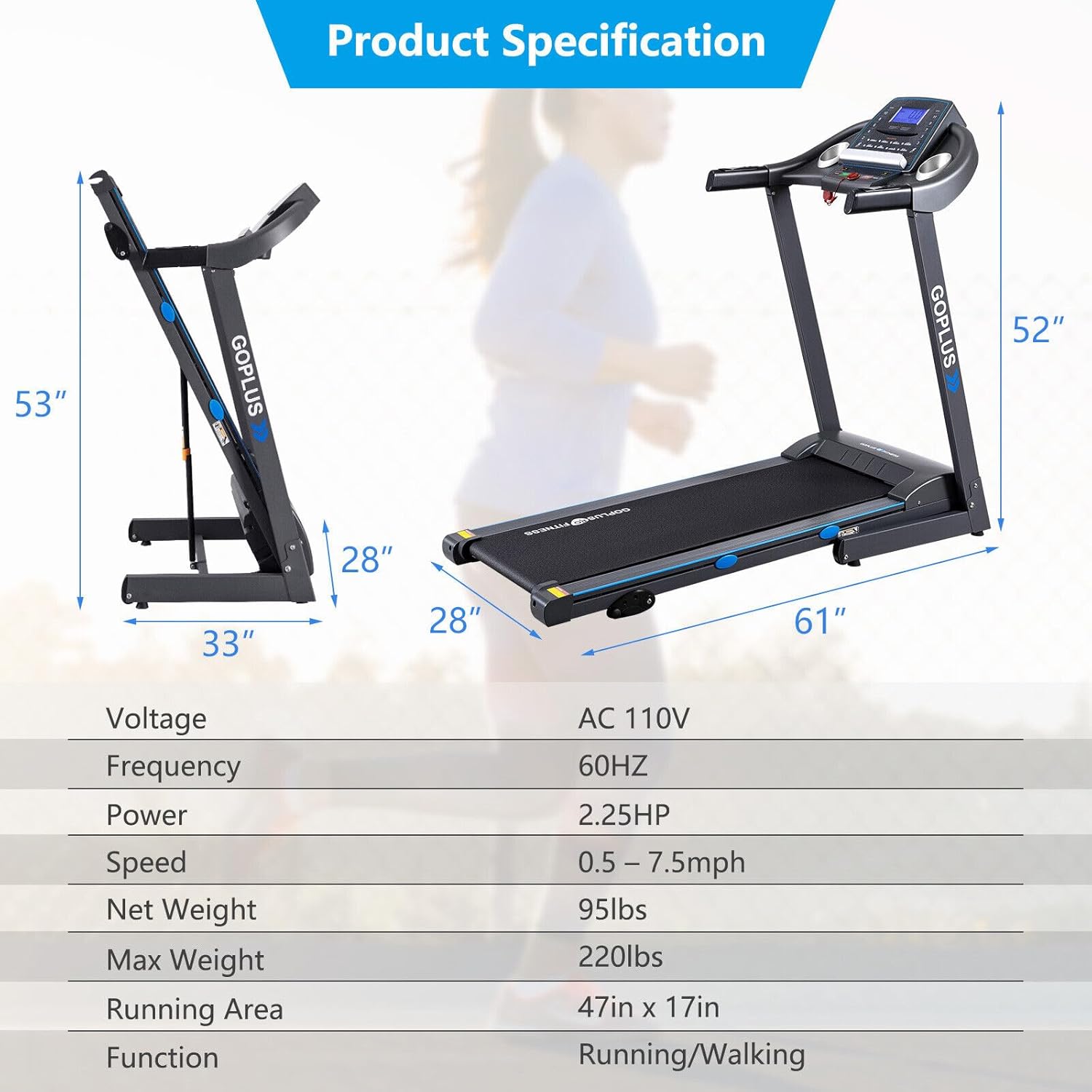 Goplus 2.25HP Folding Treadmill with Incline, Electric Treadmill, Walking Running Jogging Fitness Machine with Blue Backlit LCD Display for Home & Gym Cardio Fitness