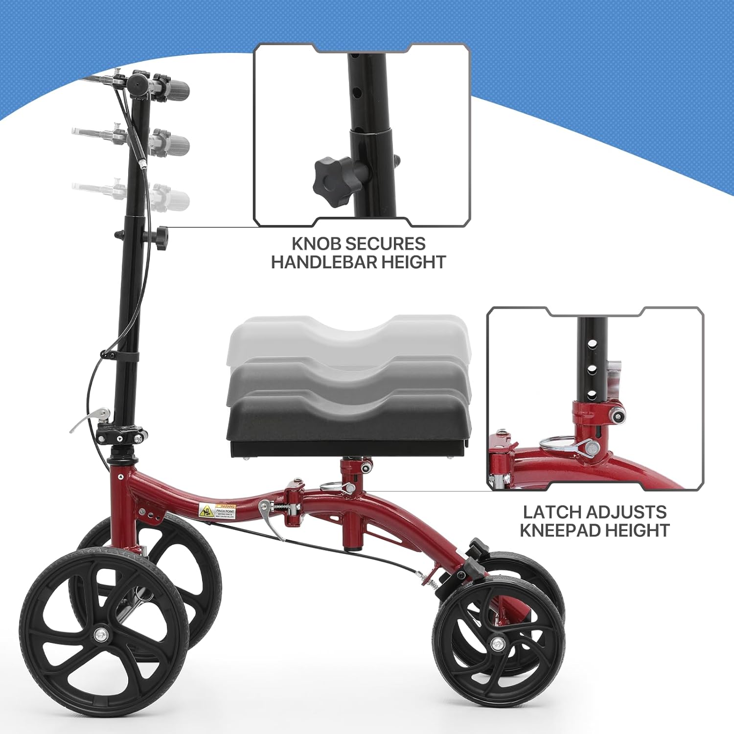 Knee Walker Compact All Terrain 10'' Front Wheels Adjustable Height Knee Scooter with Dual Braking System and Removable Storage for Ankle and Foot Injured, 350lbs Load Capacity, Red