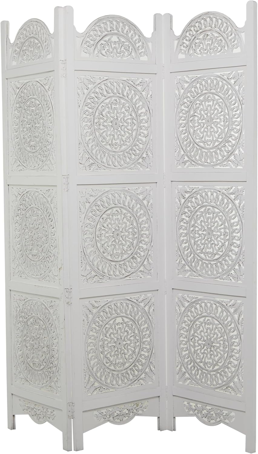 Deco 79 Wood Floral Handmade Partition Room Divider Screen Hinged Foldable Partition 3 Panel Privacy Screen with Intricately Carved Designs, Room Partition 60" x 1" x 72", White