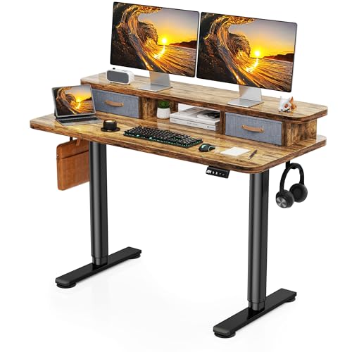 Electric Standing Desk with Dual Drawers, 48" x 24" Height Adjustable Desk Sit Stand Desk with Memory Controller, Casters & 2 Hooks, Low Noise Home Office Desk, Rustic Brown