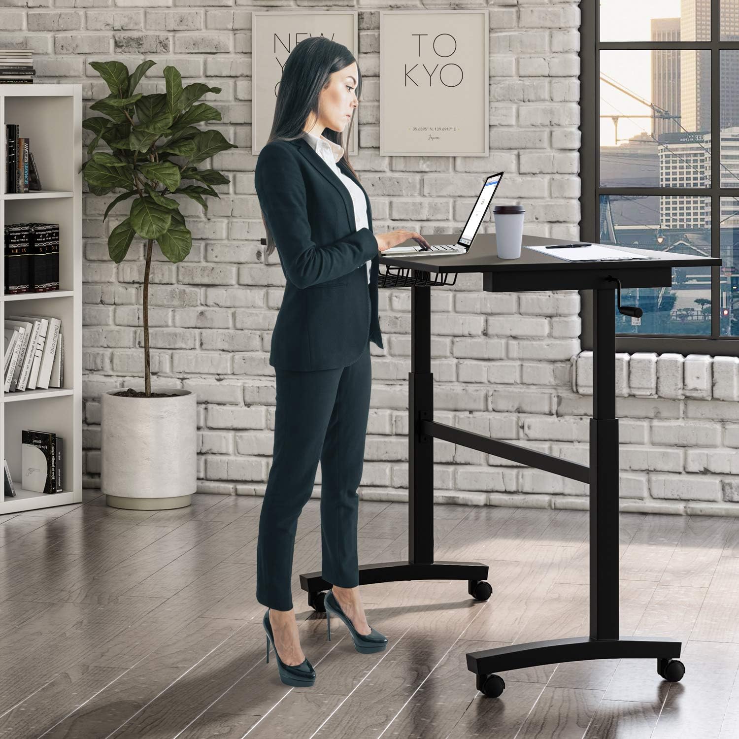 Atlantic Crank Adjustable Height Desk - Sit or Stand at This Large Workspace, Heavy Gauge Steel Frame in Black