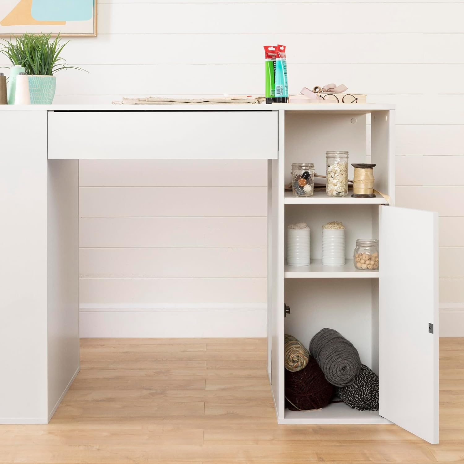 South Shore Crea Counter-Height Craft Table with Scratchproof Surface and Interchangeable Modules - 4 baskets included, Pure White