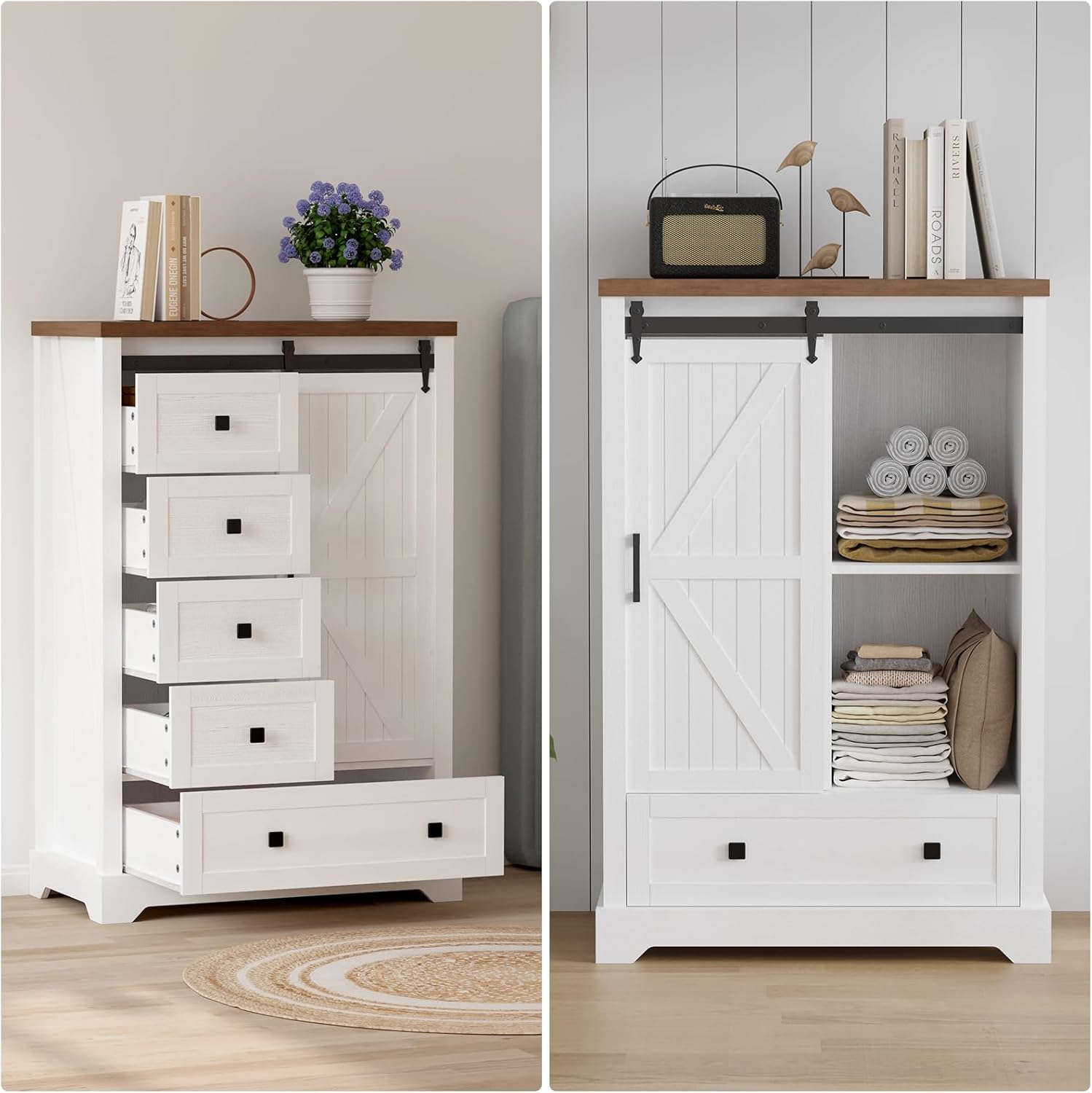 GAOMON Farmhouse 5 Drawers Dresser,47" Tall Chest of Drawers w/Sliding Barn Door, Rustic Wood Dressers Organizer w/Adjustable Shelves for Bedroom, Living Room, Hallway,Entryway,Kitchen
