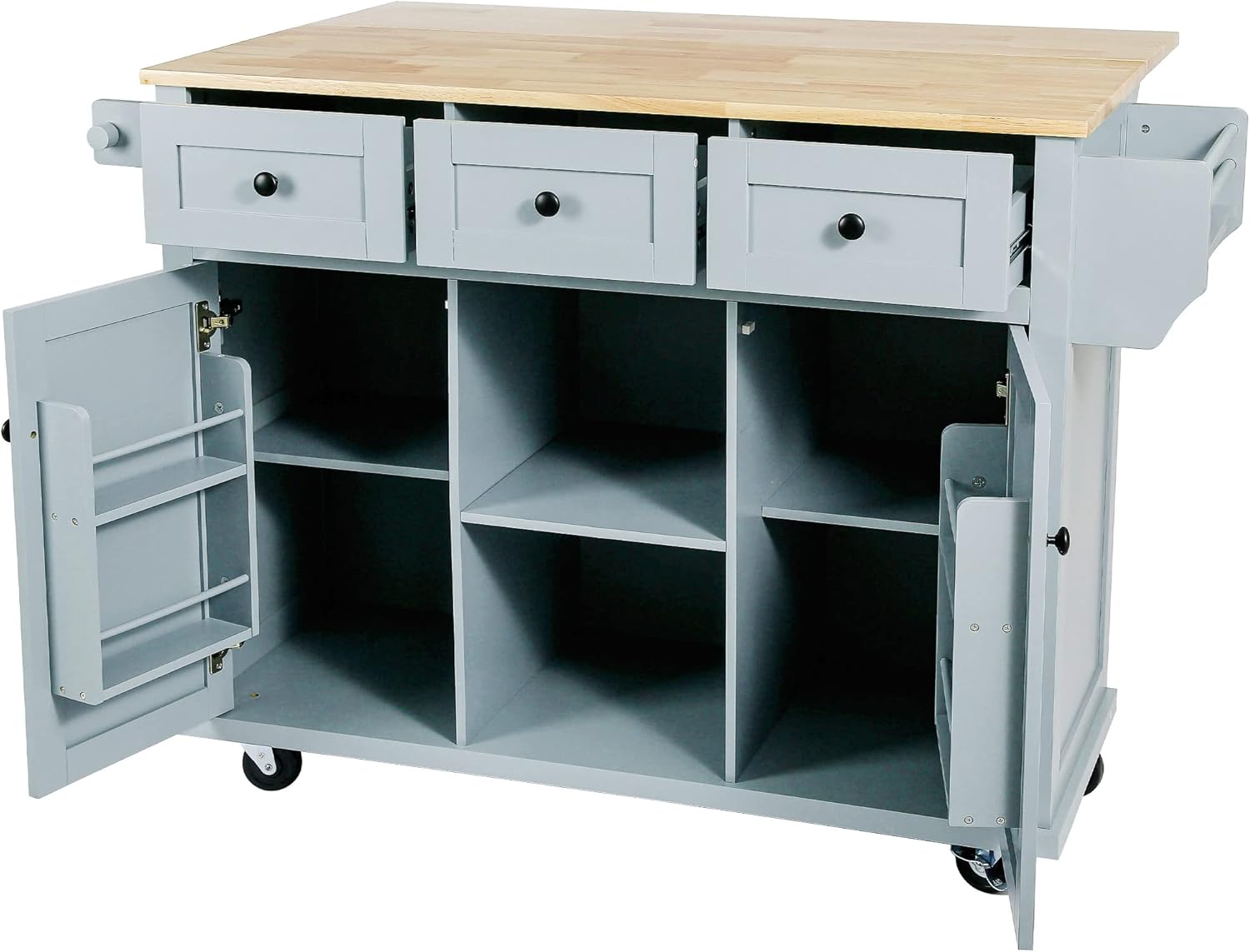 53.1inch Kitchen Cart with Rubber Wood Drop-Leaf Countertop, Cabinet Door Internal Storage Racks,Kitchen Island on 5 Wheels with Storage Cabinet and 3 Drawers for Dining Room, Blue