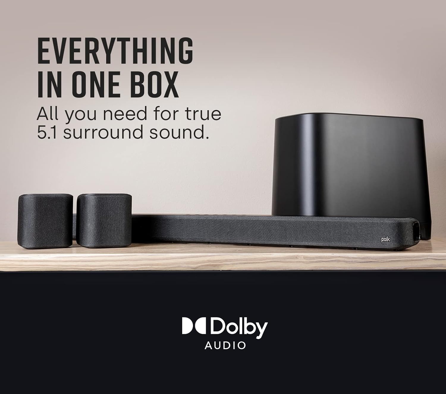 Polk True Surround III 5.1 Channel Wireless Surround Sound System, Includes Sound Bar, L & R Rear Surrounds and 7" Subwoofer, Dolby Digital Decoding, Built-in Bluetooth, Easy Setup