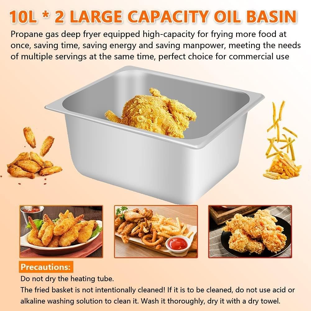 Commercial LPG Gas Deep Fryer With 10L*2 Basket And Lid Stainless Steel Countertop Propane-LPG GF-72 Propane (LPG) W/Metal Tube Home Kitchen