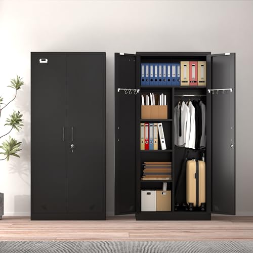 71" Armoire Wardrobe Closet with 2 Doors & 2 Drawers, Metal Storage Cabinet with Drawers and Hanging Rod, Metal Closet Organizers for Home, Office,Gym(White)