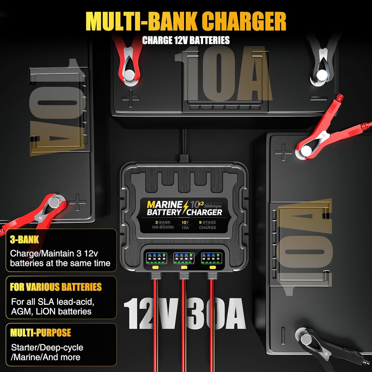 3 Bank Marine Battery Charger, 12V 30A (10A/Bank) Smart Waterproof Onboard Boat Battery Charger, Battery Maintainer & Desulfator for SLA/AGM/Lithium (LiFePO4), Calcium and Deep-Cycle Batteries