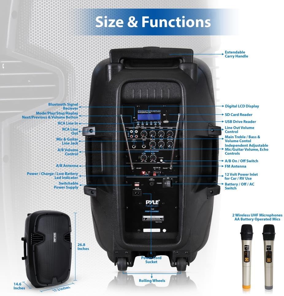 Pyle 1600 Watt, 15" Bluetooth PA Speaker-Indoor/Outdoor Portable Sound System with (2) UHF Wireless Microphones Rechargeable Battery, Audio Recording, USB/SD Readers, FM Radio (PPHP1535WMU),Black