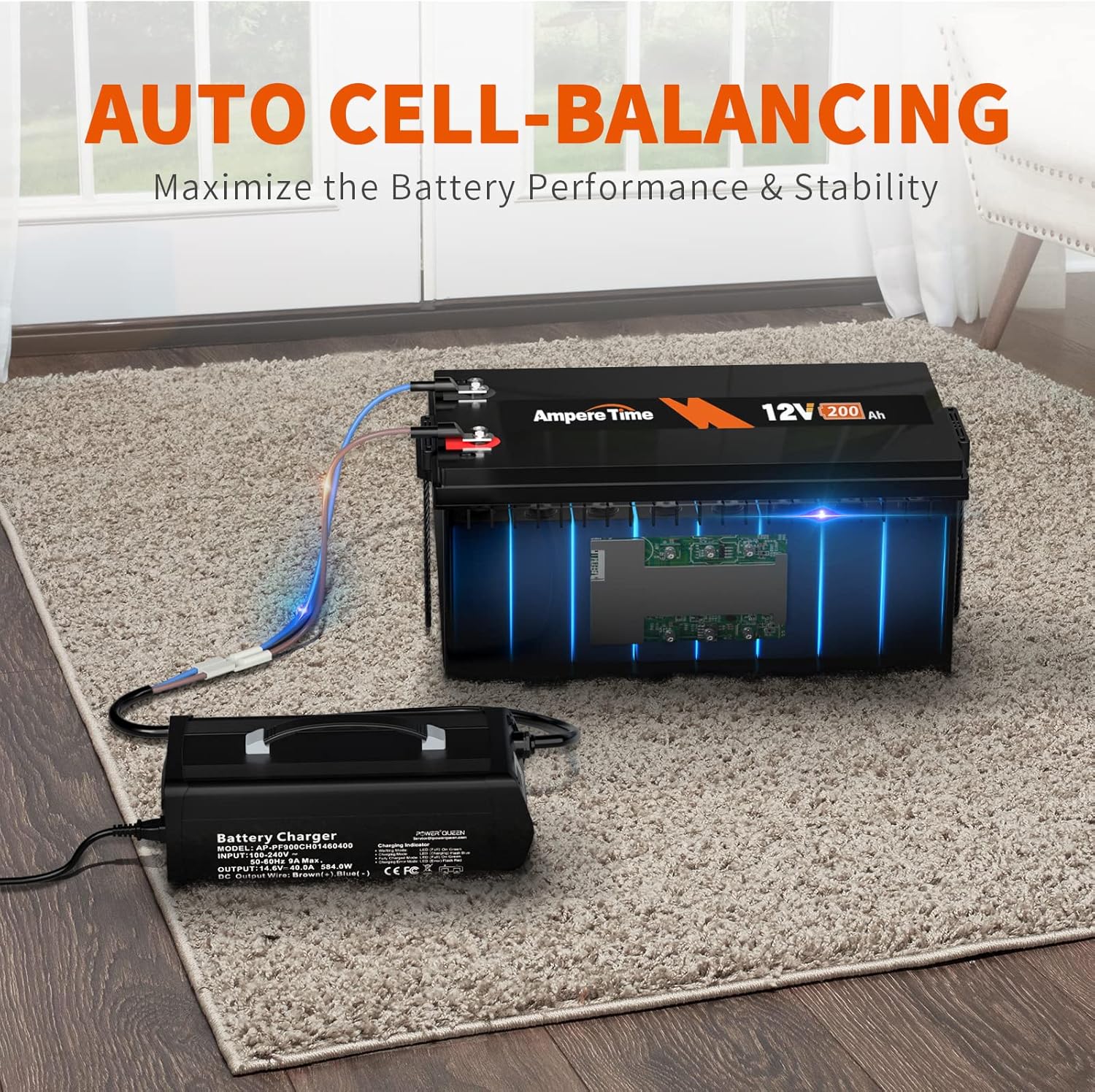 Ampere Time 12V 200Ah LiFePO4 Battery with 14.6V 20A Dedicated Lithium Battery Charger; Built-in 200A BMS, 4000+ Cycles, Perfect for RV, Solar, Marine, Overland, Off-Grid Application��