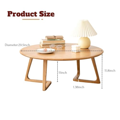 100% Solid Oak Wood Round Coffee Table，Natural Wood Coffee Tables for Living Room, Log Color Low Modern Coffee Table (H:11.8inch)