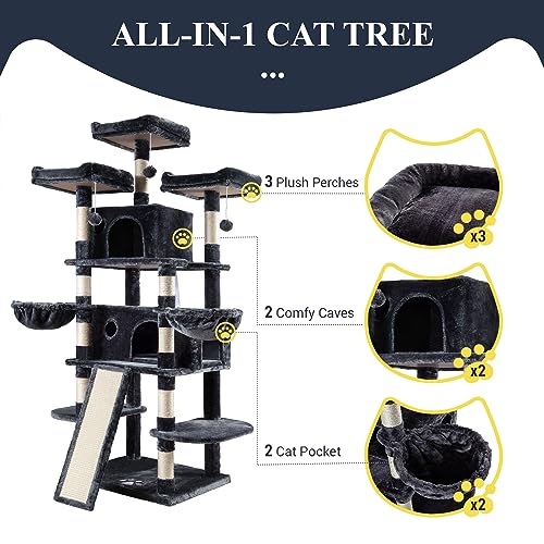 Allewie 68 Inches Cat Tree/House and Towers for Big Feline/Scratching Post/Multi-Level Large Kitty Climbing Tree with Condo/Smokey Grey