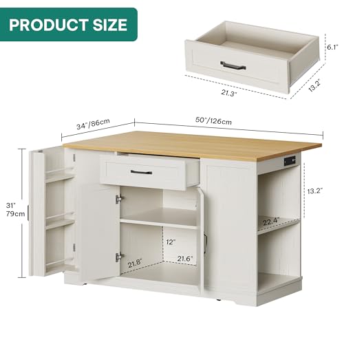 YITAHOME 50" Rolling Kitchen Island with Power Outlet & Drop Leaf, Mobile Storage Islands with Trash Can Cabinet, Microwave Rack Serving Cart on Wheels with Spice Rack, Retro White