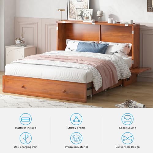 Mjkone Murphy Bed Cabinet, Murphy Bed with Large Storage Drawers，Murphy Bed Queen with Built-in Charging Station, Chest Bed with Mattress,Murphy Cube Chest Bed for Guest Room Bedroom Office, Gray