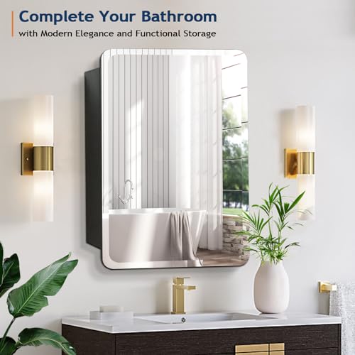 White Medicine Cabinet Mirror for Bathroom, 16x29 Inch Recessed Medicine Cabinet or Surface Mount, Frameless Beveled Bathroom Mirror with Storage Modern Farmhouse