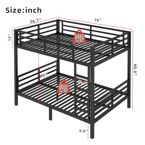 Twin XL Over Twin XL Bunk Bed, Metal Bunk Bed Frame Heavy Duty Bunk Beds Loft Bed Frame with Ladder and Guardrail Metal Slats No Box Spring Required for Adults Teens, Black