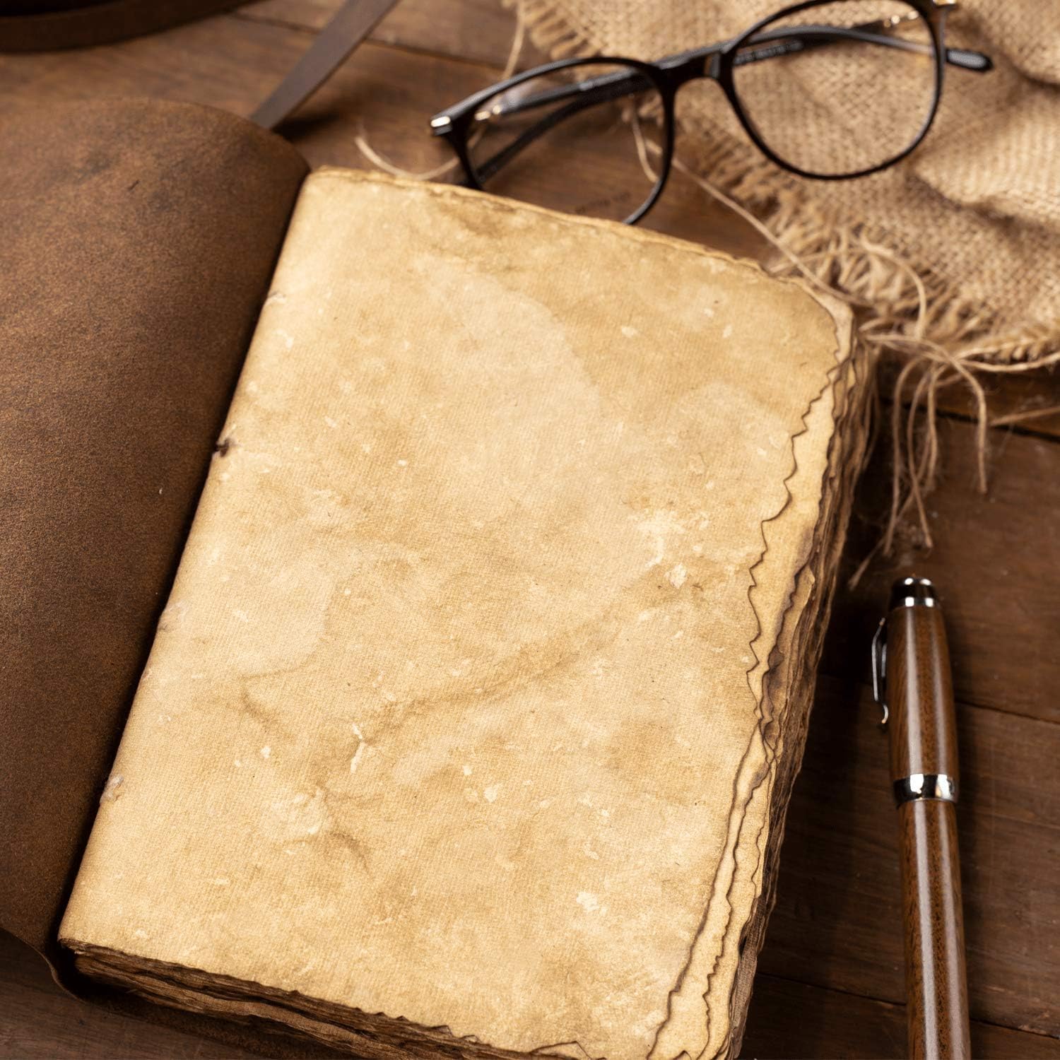 Vintage Leather Journal - Burnt Deckle Edge Vintage Paper - Handmade Leather Bound Journal - Book of Shadows Journal - Leather Sketchbook - Drawing Journal - 240 Pages (11.5" x 8.25") Pack of 2