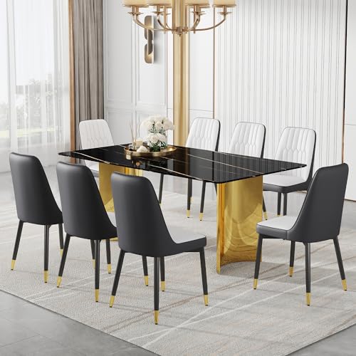 Modern Dining Table Set for 6,White Kitchen Table Set for 6,Marble Textured Table Top with Golden Stainless Steel Base,71'' Gold Dining Room Table with 6 Black Upholstered Dining Chairs
