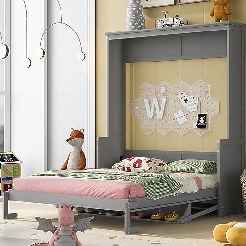 Rophefx Queen Murphy Bed with a Shelf, Wall Bed Queen, Wood Hidden Bed Frame, Multifunctional Cube Bed, with Support Slats, Space Saving Bed for Guest Room, Grey