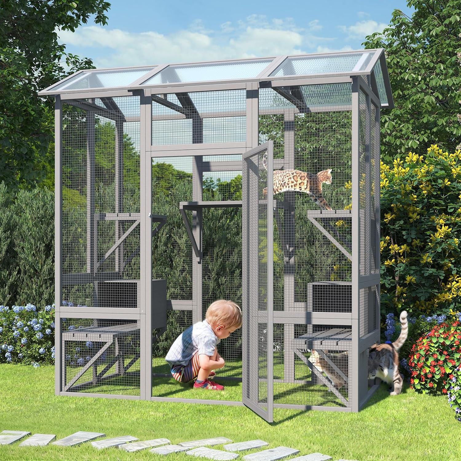Cat Catio, Large Cat House Outdoor, Outside Cat Enclosure with Sunshine Panel Roof and Waterproof Cover, Wooden Cat Cage with 7 Platforms & 2 Resting Box, Walk in Feral Cat Shelter, 72 inch