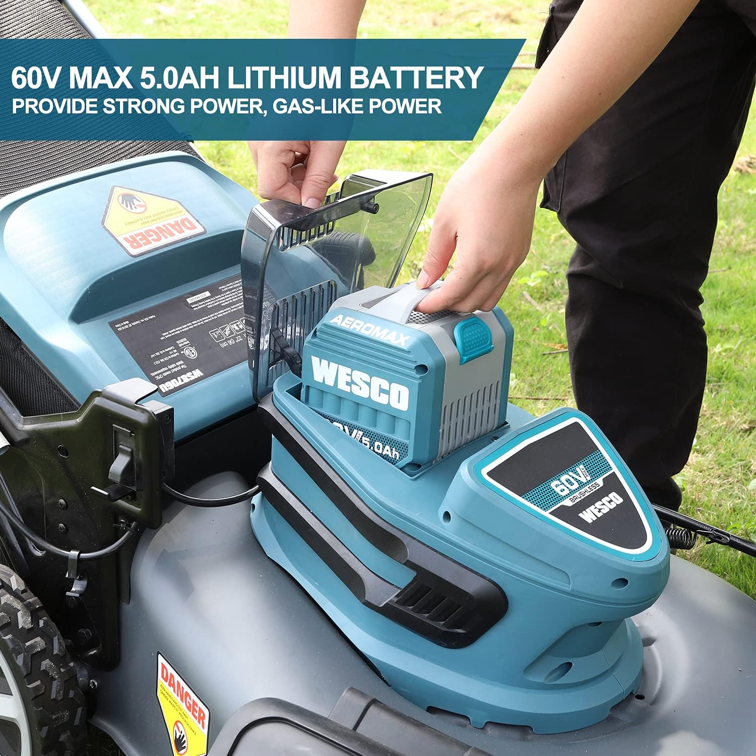 WESCO 60V Self-Propelled Cordless Lawnmower, 21 inch Brushless Push Lawn Mower, 3-in-1 Mower, 5.0Ah Battery and Fast Charger