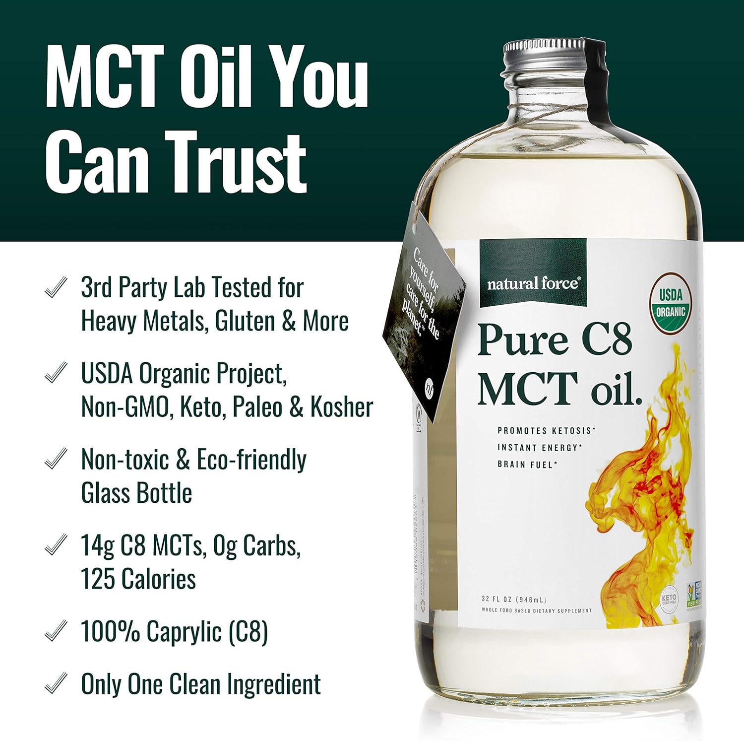 Natural Force Organic Pure C8 MCT Oil – Liquid MCT Oil in Glass Bottle Container – Concentrated Caprylic Acid – Keto, Paleo, Kosher, Vegan & Non-GMO – Lab Tested for Quality and Purity, 32 Ounce Pack of 2