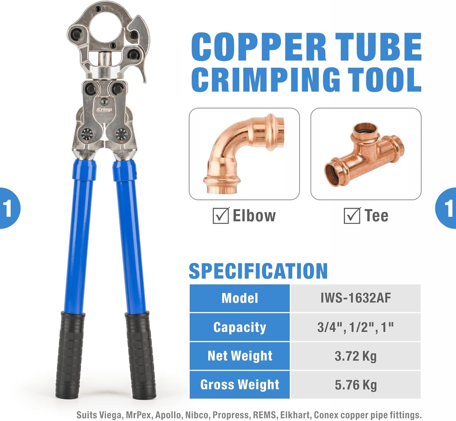 iCrimp IWS-1632AF Copper Tubing Press Tool, Copper Crimping Tool for 1/2'', 3/4'', 1'' Viega ProPress Copper Fittings