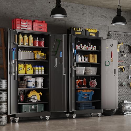 Aobabo Garage Storage Cabinet with Wheels,72" H Metal Storage Cabinet with 2 Doors and 4 Adjustable Shelves for Garage Home, Black,Required-Assembly