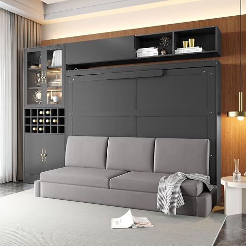 Merax Queen Size Murphy Bed Wall Bed with Sofa, Shelves, USB & Light - Space Saving Foldable Bed for Small Apartments, Grey