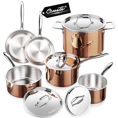 Whole Tri-ply 18/10 Stainless Steel Pot and Pan Set (10 Piece), Copper Pots and Pans Set with Stainless Steel Lid, Induction Cookware Set, Include Stock Pot, Saucepan, Frying Pan - Copper
