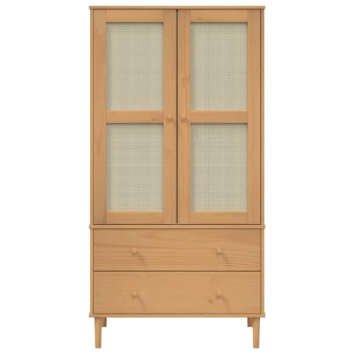 Wardrobe Rattan Look Brown 35.4"x21.7"x68.9" Solid Wood Pine,Pine Wood Wardrobe with Ample Storage and Rattan Look for Boho Decor Armoires & Wardrobes for Bedroom