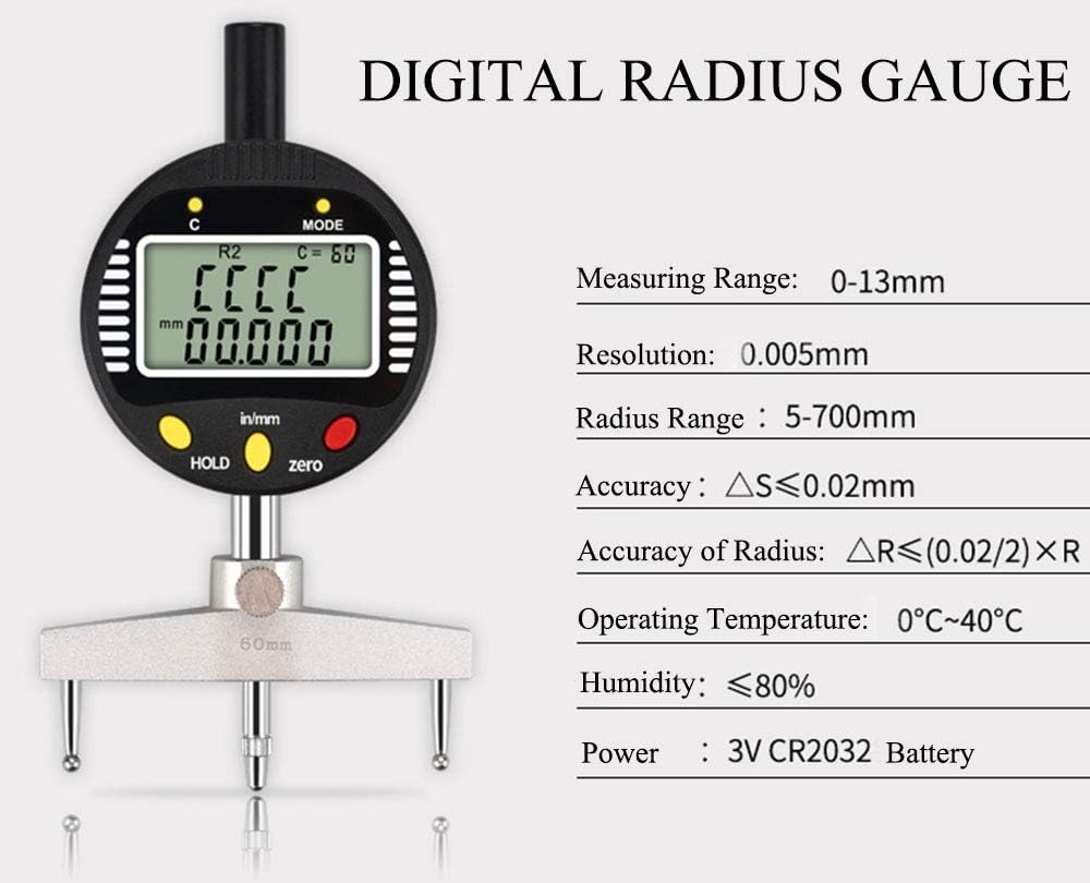 CGOLDENWALL High accuracy digital radius gauge digital radius indicator Measurement Tool with 10mm /20mm /30mm /60mm/100mm changeable measuring jaw Black