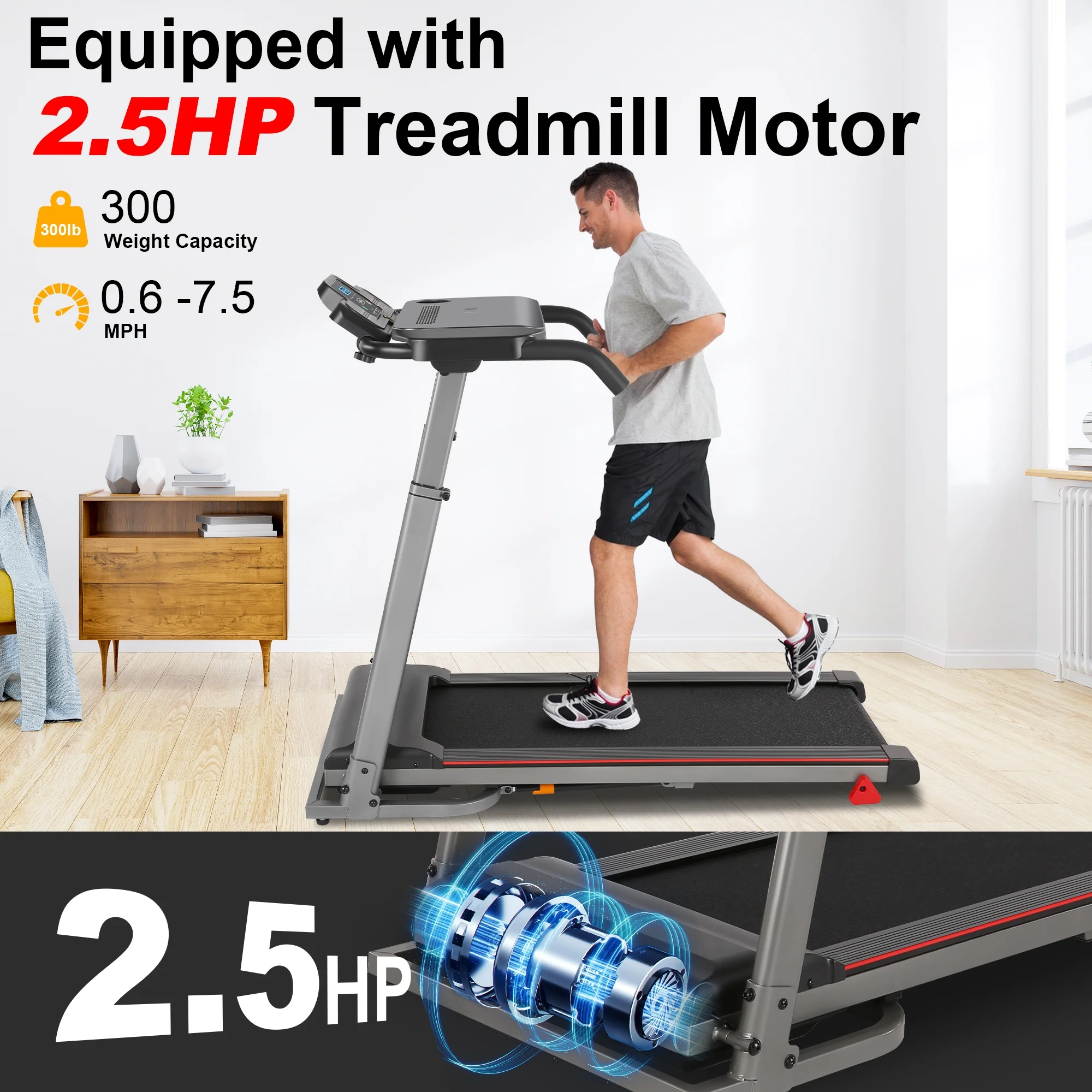 300Lbs Treadmill with Desk - 2.5 HP Portable Folding Treadmill for Home, Running Machine with Incline（Gray）