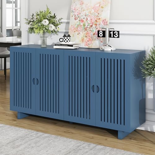 Storage Cabinet, 60" Buffet Cabinet with Storage, Wood Sideboard Cabinet with 2 Hollow Door and 2 Adjustable Shelves, Modern Accent Cabinet for Kitchen, Living Room, Dining Room (Almond)