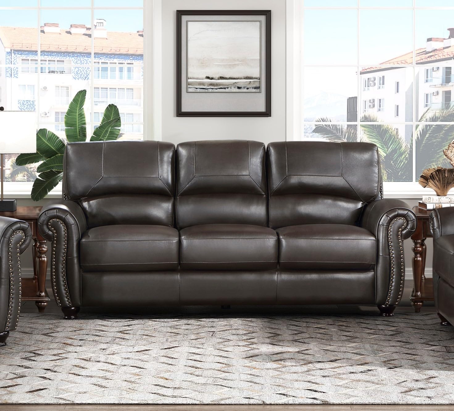 Traditional Living Room 3pc Sofa Set Brown Leather Plush Sofa Loveseat Chair
