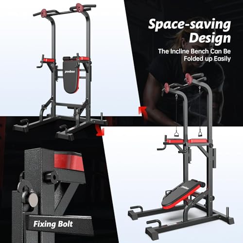 Pooboo Power Tower Dip Station Pull Up Bar for Fitness Home Gym Workout,Multi-Function Adjustable Height Fitness Strength Training Exercise Equipment,with Supine Board
