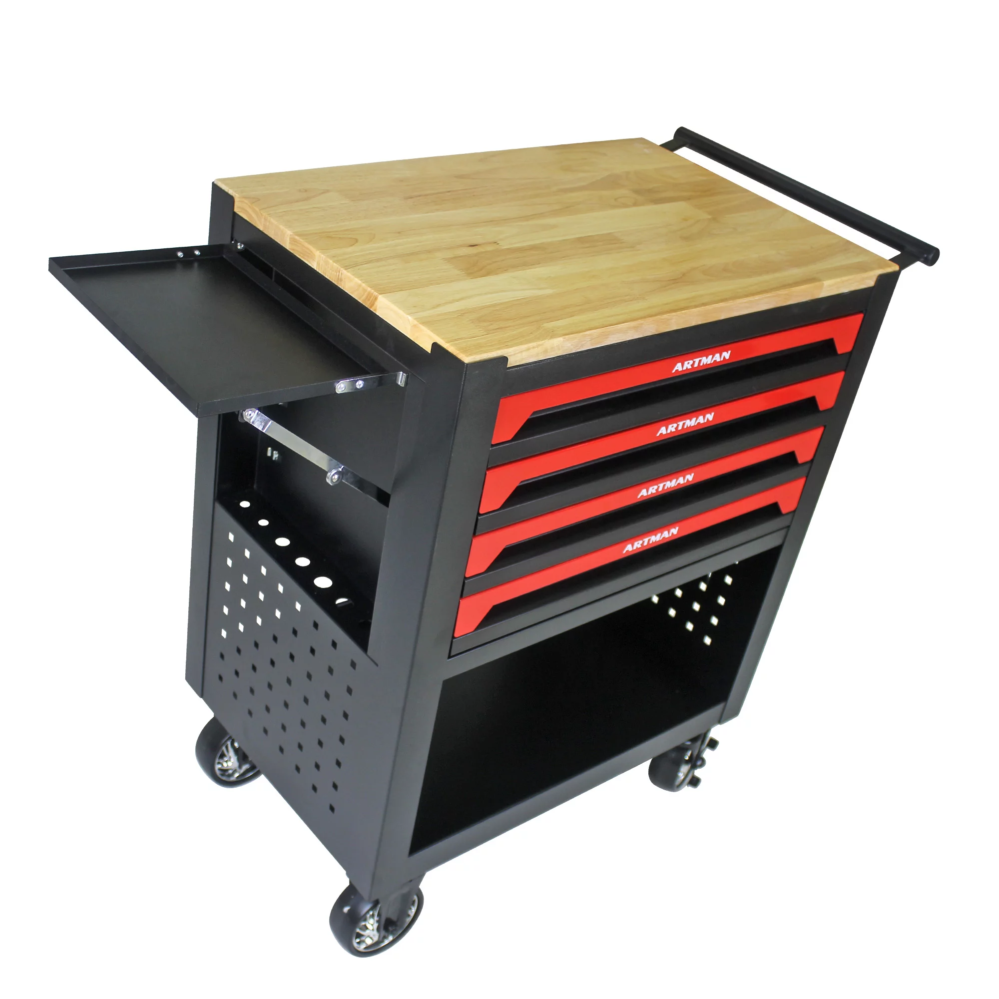 Seizeen 4-Tier Rolling Tool Cart, Multi-Purpose Mechanic Tool Chest On Wheels with Cabinet, Extended Tray & Handle, Heavy Duty Work Bench with Wooden Top and Tool Storage Organizer