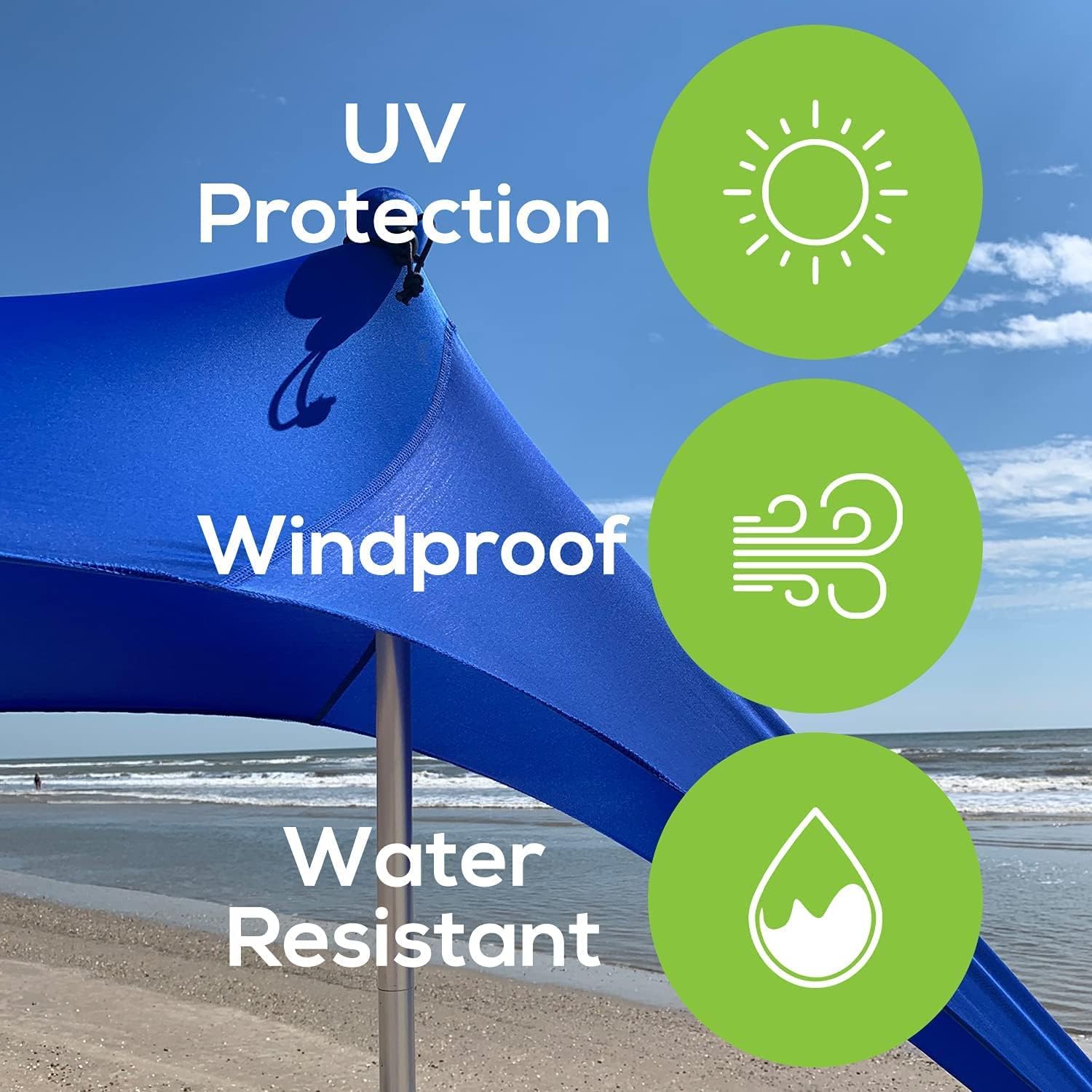 KAZZARY Beach Tent Pop Up Canopy Sun Shelter UPF50+ Lightweight Outdoor Shade with Frisbee Shovel, Ground Pegs and Stability Poles, Portable Set For Family Fun Trips (7.2 X 8.2 FT 4 Pole, Bright Blue)