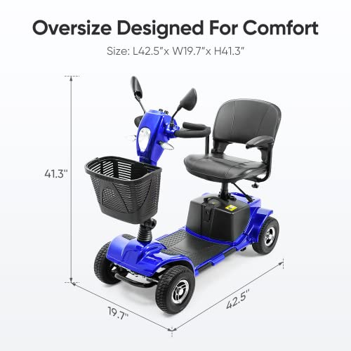 4 Wheel Mobility Scooters with Lights & Rearview Mirror, Power Electric Mobility Scooters for Adult Seniors, 264 lb Capacity Electric Scooter with Basket for Travel, Long Range Battery, Blue