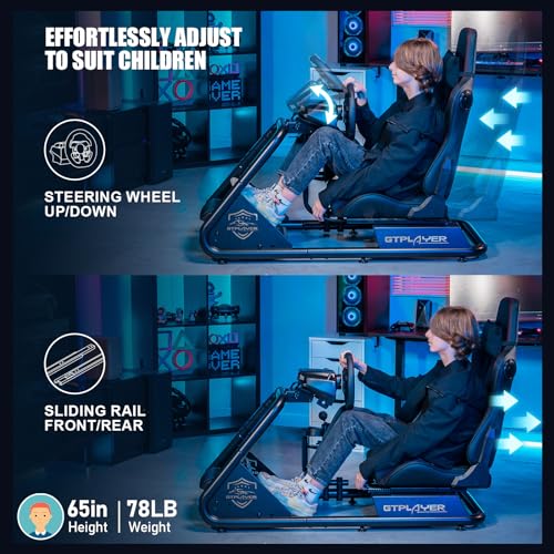 GTPLAYER Racing Simulator Cockpit with Seat and Bluetooth Speakers, Racing Style Reclining Seat and Ultra-Sturdy Alloy Steel Frame, A/B Box (Blue)