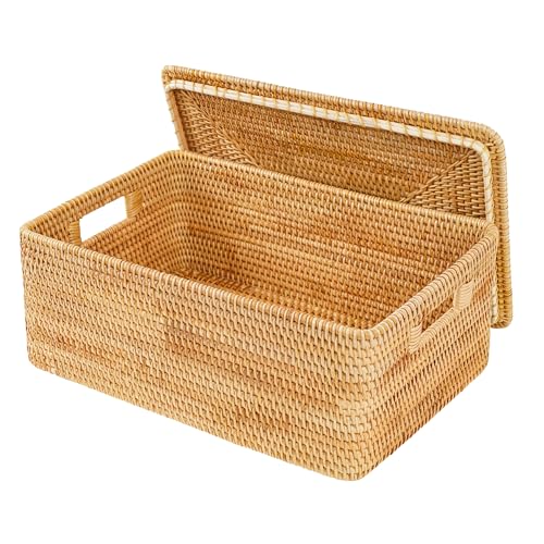 Rattan Basket With Lid,Large Storage Basket Lidded,Rattan Box For Shelf (16" L×13"W×12"H)