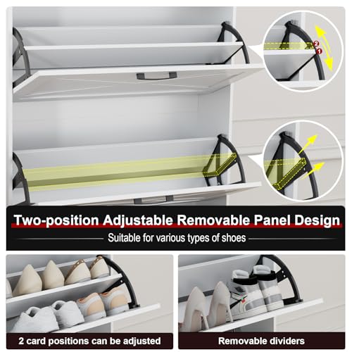Shoe Storage Cabinet for Entryway with 2 Flip Doors, Hidden Shoe Storage Organizer with Metal Legs for Entryway, Closed Slim Shoe Rack Cabinet, White
