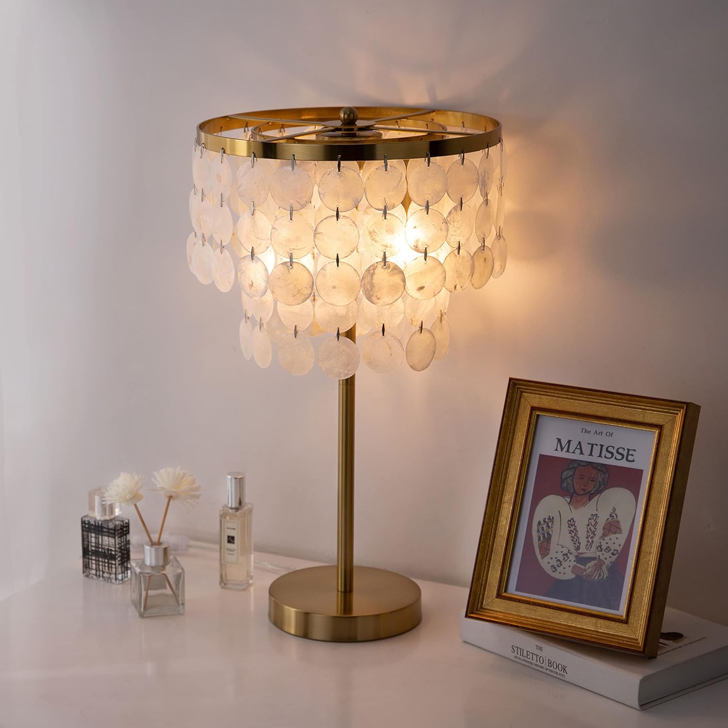 Tochic Natural Capiz Shell Table Lamp,Modern Contemporary Style Table Lamps,with Double Tier Capiz Shell Deco Lampshade for Living Room Bedroom House Bedside Nightstand Home Office ,Brass Polished