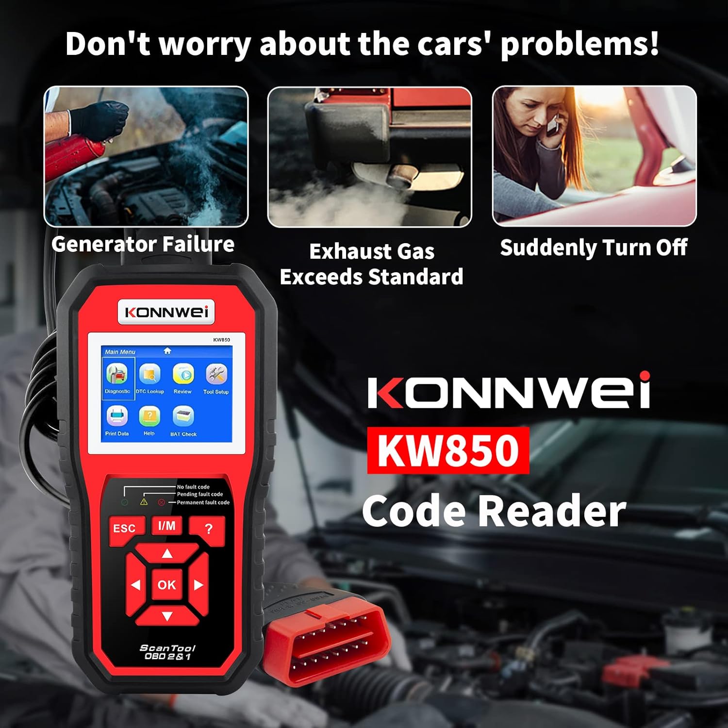 KONNWEI KW850 OBD II Scanner Check Engine Code Reader CAN Diagnostic Scan Tool with O2 Sensor Test Freeze Frame I/M Readiness Print Data EVAP System Battery Test for All OBD2 Cars (Updated Version) Pack of 2