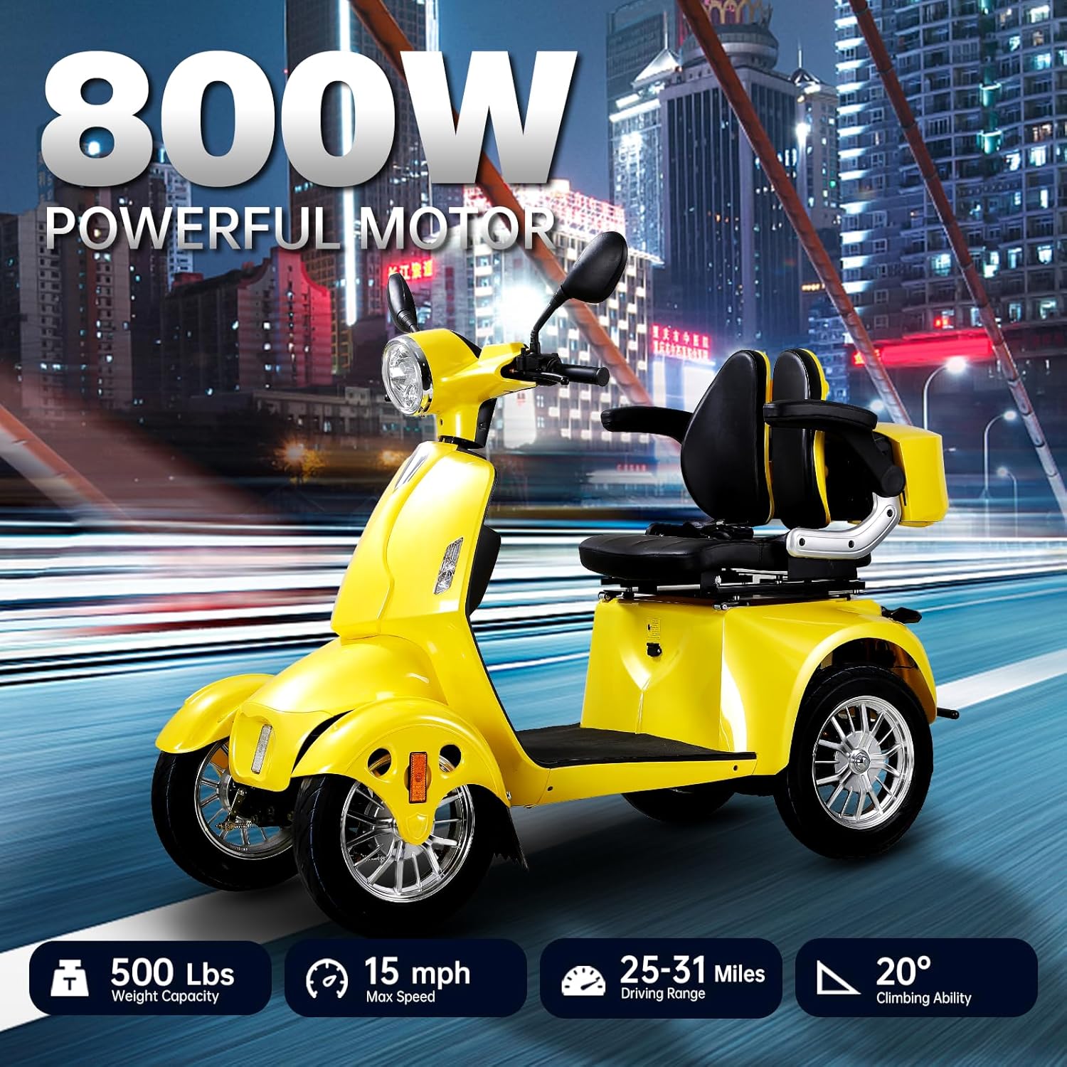 800W Heavy Duty 4 Wheel Mobility Scooters for Seniors & Adults 500lbs Capacity, Powered Mobility Scooters with 3-Speed Control & USB Charger Port, Under Seat Storage, Yellow