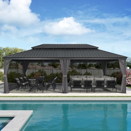 PURPLE LEAF 10' X 14' Permanent Hardtop Gazebo Aluminum Gazebo with Galvanized Steel Double Roof for Patio Lawn and Garden, Curtains and Netting Included, Grey
