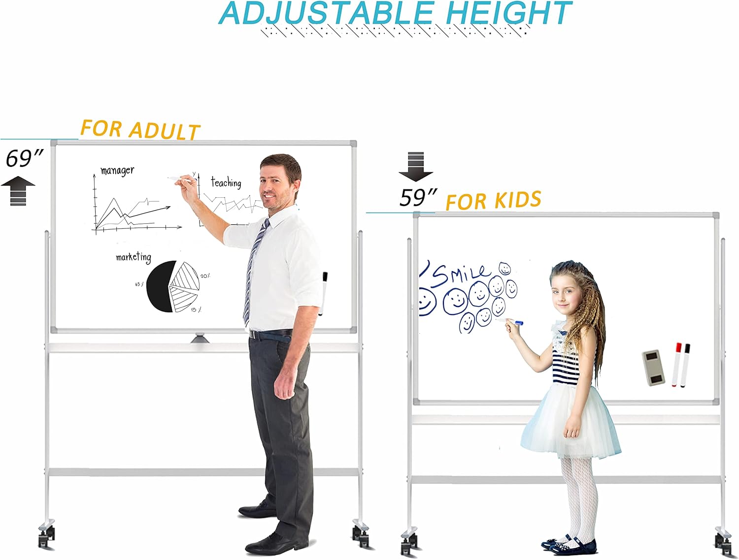 Easel-Style Dry Erase Boards Mobile 36 x 71 Inches Double Sided Whiteboard with Aluminum White Frame Pizarra Blanca Magnetica M��vil