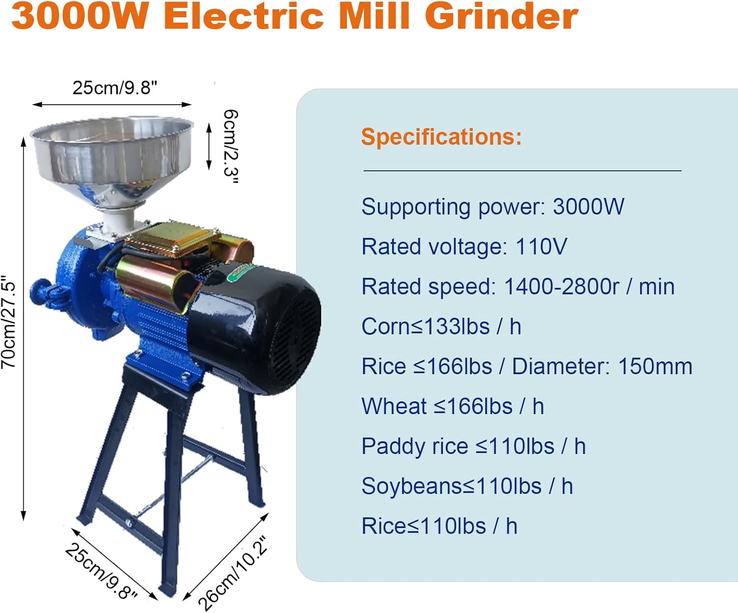 Eachbid Dry Grinder 110V 3000W Electric Grain Mill Corn Grinder, Commercial Feed Wheat Mill Dry Grinder, Heavy Duty Milling Machine Flour Mill Cereals Grinder Rice Corn Grain Coffee Wheat with Funnel